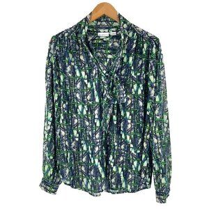 Liz Claiborne Top Size Large Ascot Tie Neck Button Front Semi Sheer Green Blue G